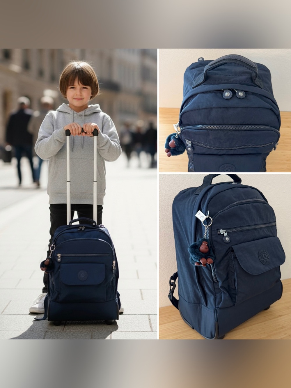 Kids Navy Rolling Backpack with Monkey Keychain